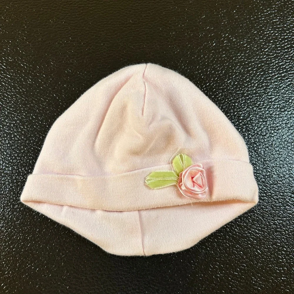 Baby Beanie Hat Pink Rose Applique Infant Newborn Girl Cute Soft size 0-3 Months